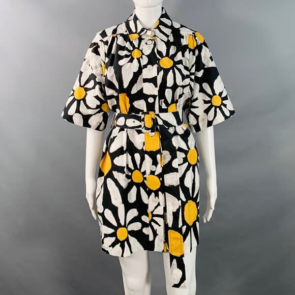 Size 2 Euphoria Black White Yellow Poplin Floral Pockets Belted Mini Shirt Dress - Picture 1 of 6